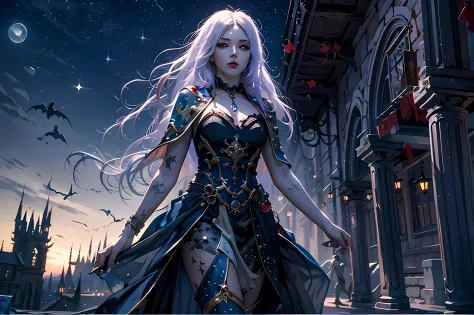 a picture of an exquisite beautiful female vampire standing under the starry night sky on the porch of her castle, dynamic angle...