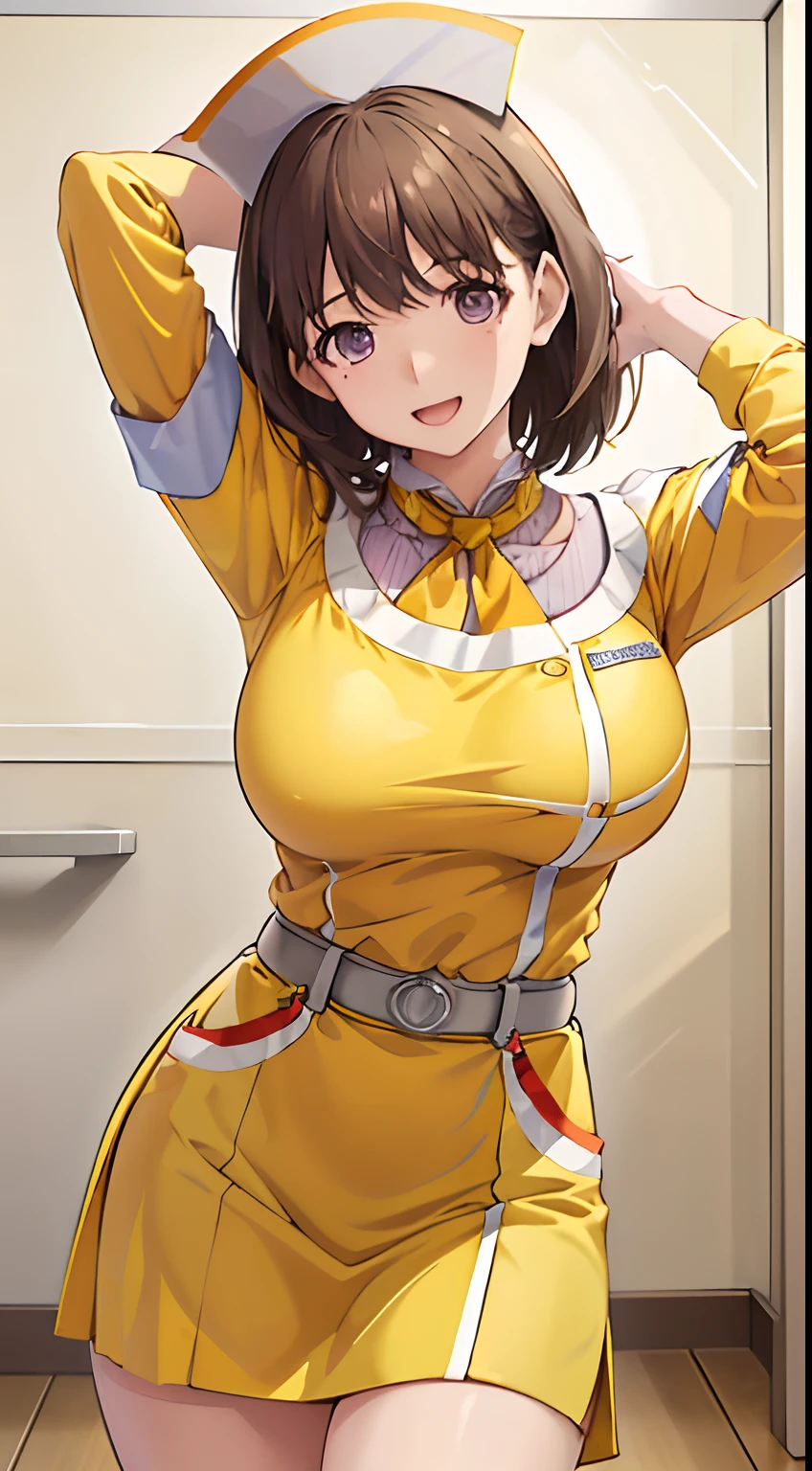 Anime girl in yellow uniform posing in kitchen with hat on head - SeaArt AI