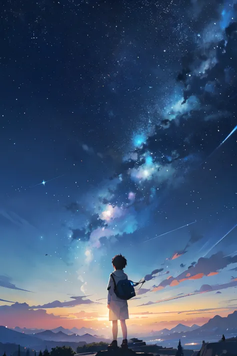 Create exquisite illustrations reminiscent of Makoto Shinkai's style, It has ultra-fine details and top-notch quality. Create an illustration featuring a young boy gazing up at a fantastical starry sky. The night sky is adorned with shooting stars, creatin...