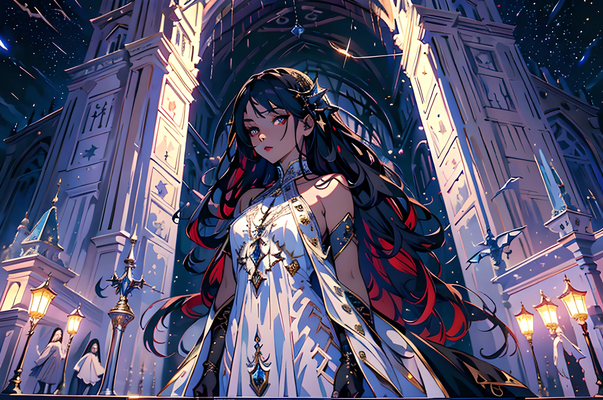 a picture of an exquisite beautiful female vampire standing under the starry night sky on the porch of her castle, dynamic angle (ultra detailed, Masterpiece, best quality), ultra detailed face (ultra detailed, Masterpiece, best quality), ultra feminine, dark skin, black  hair, wavy hair, dynamic eyes color, cold eyes, glowing eyes, intense eyes, dark red lips, fangs, wearing white dress, elegant style dress (ultra detailed, Masterpiece, best quality), wearing blue cloak (ultra detailed, Masterpiece, best quality), long cloak, flowing cloak (ultra detailed, Masterpiece, best quality), wearing high heeled boots, sky full of stars background, moon, bats flying about, high details, best quality, 8k, [ultra detailed], masterpiece, best quality, (ultra detailed), full body, ultra wide shot, photorealism, dark fantasy art, dark fantasy art, gothic art, many stars, dark fantasy art, gothic art, sense of dread,