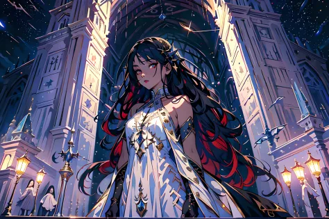 a picture of an exquisite beautiful female vampire standing under the starry night sky on the porch of her castle, dynamic angle...