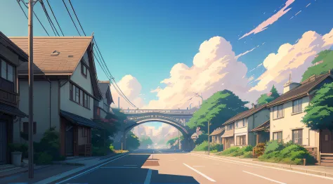 There are photos of streets with houses and bridges, by Ross Tran. scenic background, Anime Background Art, anime scenery concept art, greg rutkowski makoto shinkai, Anime scenery, style of makoto shinkai, anime style cityscape, Anime landscapes, in the st...