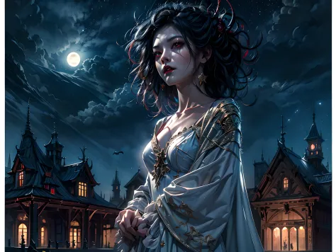 a picture of an exquisite beautiful female vampire standing under the starry night sky on the porch of her castle, dynamic angle...