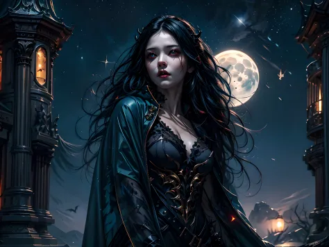 a picture of an exquisite beautiful female vampire standing under the starry night sky on the porch of her castle, dynamic angle...