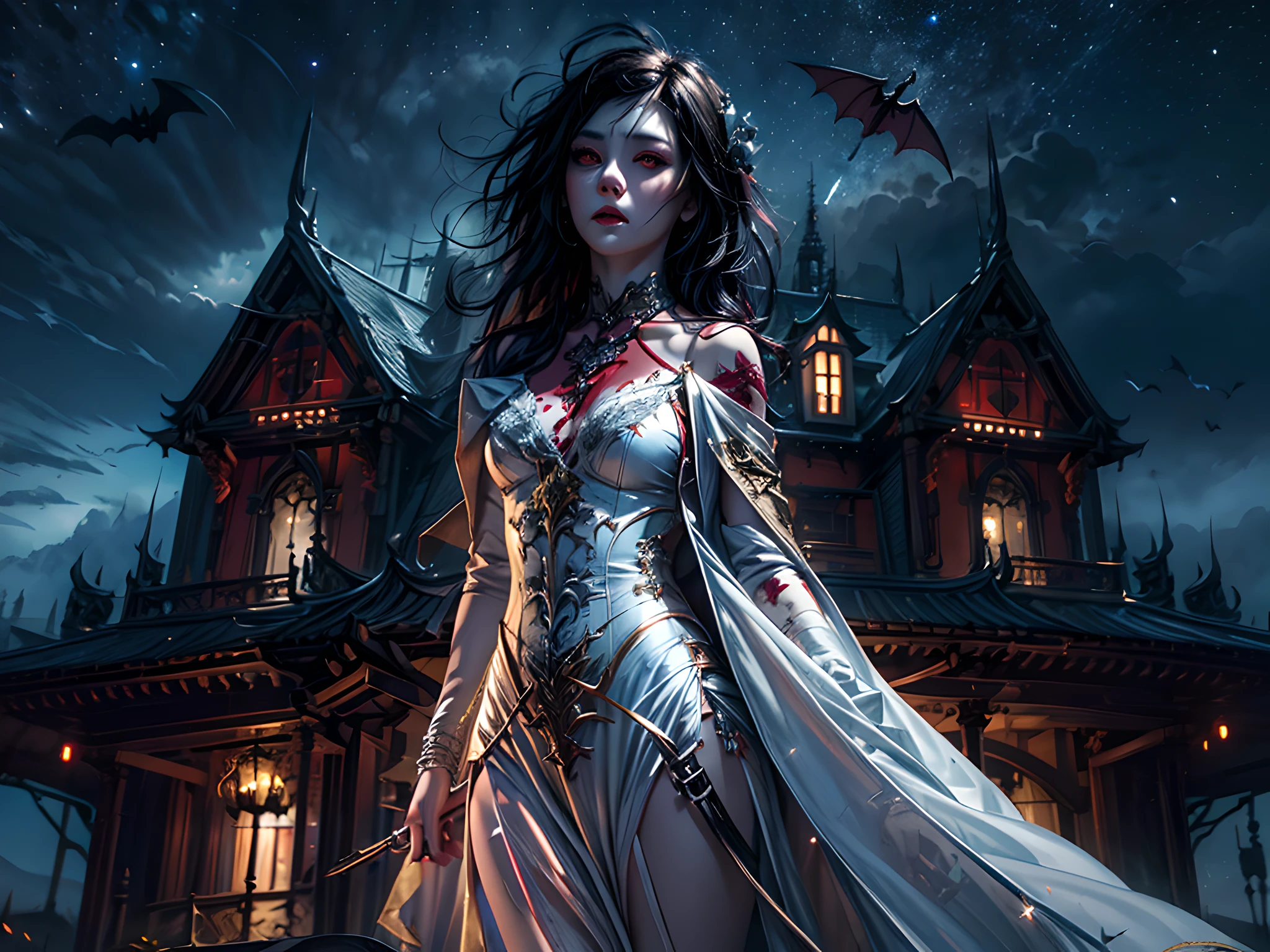 a picture of an exquisite beautiful female vampire standing under the starry night sky on the porch of her castle, dynamic angle (ultra detailed, Masterpiece, best quality), ultra detailed face (ultra detailed, Masterpiece, best quality), ultra feminine, dark skin, black hair, wavy hair, dynamic eyes color, cold eyes, glowing eyes, intense eyes, dark red lips, [fangs], wearing white dress (ultra detailed, Masterpiece, best quality), wearing blue cloak (ultra detailed, Masterpiece, best quality), long cloak, flowing cloak (ultra detailed, Masterpiece, best quality), wearing high heeled boots, sky full of stars background, moon, bats flying about, high details, best quality, 8k, [ultra detailed], masterpiece, best quality, (ultra detailed), full body, ultra wide shot, photorealism, dark fantasy art, dark fantasy art, gothic art, many stars, dark fantasy art, gothic art, sense of dread,