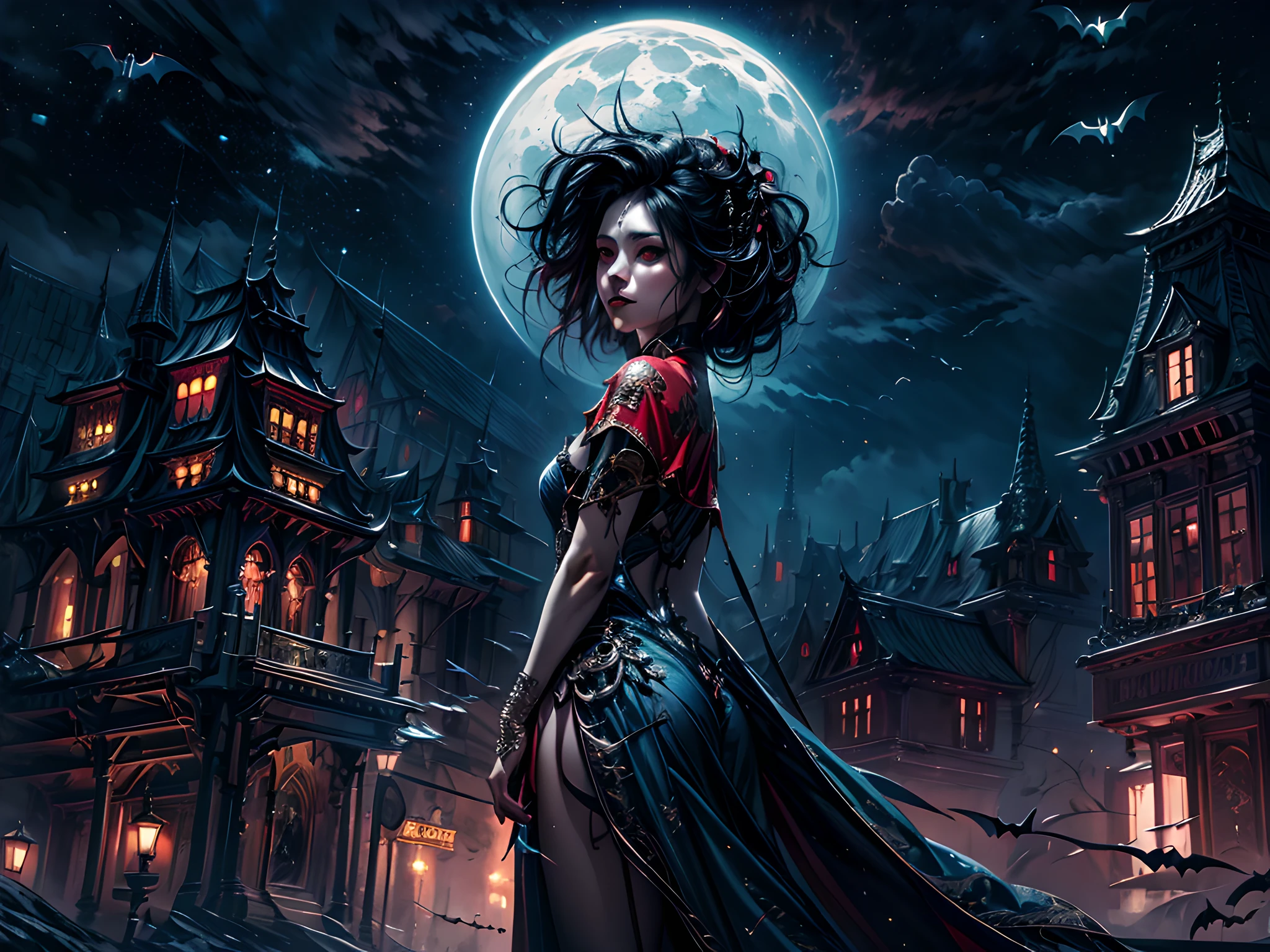 a picture of an exquisite beautiful female vampire standing under the starry night sky on the porch of her castle, dynamic angle (ultra detailed, Masterpiece, best quality), ultra detailed face (ultra detailed, Masterpiece, best quality), ultra feminine, black skin, black hair, wavy hair, dynamic eyes color, cold eyes, glowing eyes, intense eyes, dark red lips, [fangs], wearing white dress (ultra detailed, Masterpiece, best quality), wearing blue cloak (ultra detailed, Masterpiece, best quality), long cloak, flowing cloak (ultra detailed, Masterpiece, best quality), wearing high heeled boots, sky full of stars background, moon, bats flying about, high details, best quality, 8k, [ultra detailed], masterpiece, best quality, (ultra detailed), full body, ultra wide shot, photorealism, dark fantasy art, dark fantasy art, gothic art, many stars, dark fantasy art, gothic art, sense of dread,