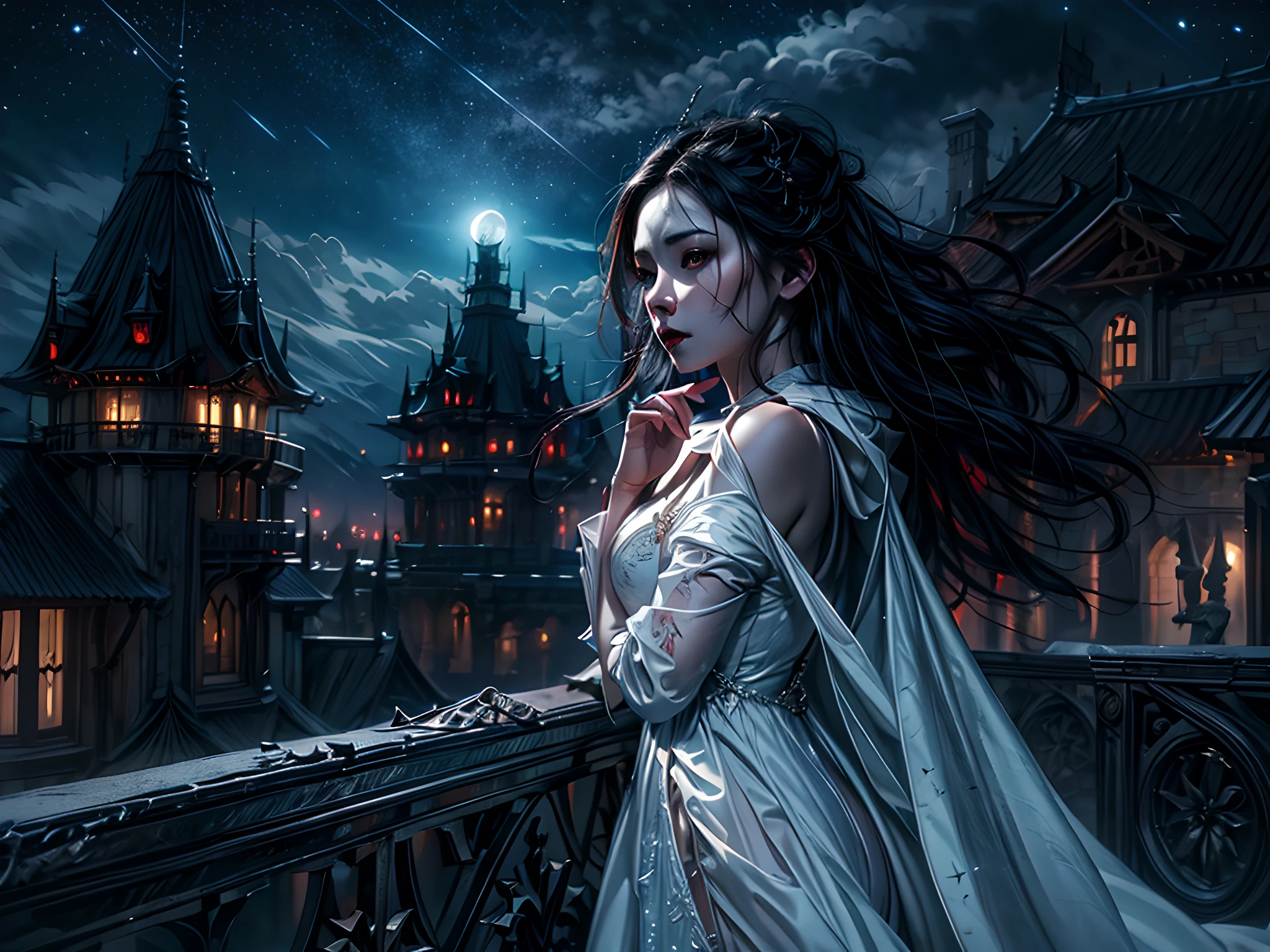 a picture of an exquisite beautiful female vampire standing under the starry night sky on the porch of her castle, dynamic angle (ultra detailed, Masterpiece, best quality), ultra detailed face (ultra detailed, Masterpiece, best quality), ultra feminine, black skin, black hair, wavy hair, dynamic eyes color, cold eyes, glowing eyes, intense eyes, dark red lips, [fangs], wearing white dress (ultra detailed, Masterpiece, best quality), wearing blue cloak (ultra detailed, Masterpiece, best quality), long cloak, flowing cloak (ultra detailed, Masterpiece, best quality), wearing high heeled boots, sky full of stars background, moon, bats flying about, high details, best quality, 8k, [ultra detailed], masterpiece, best quality, (ultra detailed), full body, ultra wide shot, photorealism, dark fantasy art, dark fantasy art, gothic art, many stars, dark fantasy art, gothic art, sense of dread,