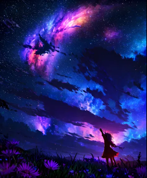 Describe a scene where a cute girl character is lying on a grassy hill, Looking up at the starry sky. Surround her with colorful nebulae and her favorite constellations.
