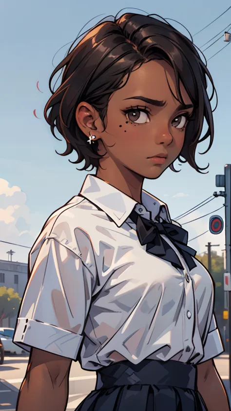 1 girl, (dark brown skin tone:1.4), very short hair, black eyes colour, mole down the right eye, School girl outfit, Cold expres...