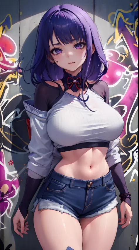 Kujou Sara Genshin Effect, masterpiece, bestquality, 1girls, bara, crop top, shorts jeans, choker, (Graffiti:1.5), color splashes, arm behind back, against wall, looking at the audience, bracelet, Thigh strap, Paint on the body................, Head tilt, ...