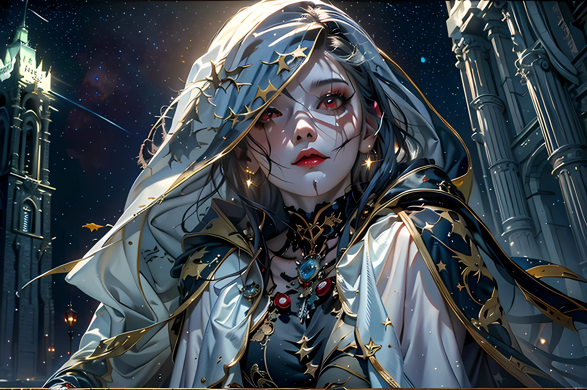 a picture of an exquisite beautiful female vampire standing under the starry night sky on the porch of her castle, dynamic angle (ultra detailed, Masterpiece, best quality), ultra detailed face (ultra detailed, Masterpiece, best quality), ultra feminine, (black skin: 1.5), black hair, wavy hair, dynamic eyes color, cold eyes, glowing eyes, intense eyes, dark red lips, [fangs], wearing white dress (ultra detailed, Masterpiece, best quality), wearing blue cloak (ultra detailed, Masterpiece, best quality), long cloak, flowing cloak (ultra detailed, Masterpiece, best quality), wearing high heeled boots, sky full of stars background, moon, bats flying about, high details, best quality, 8k, [ultra detailed], masterpiece, best quality, (ultra detailed), full body, ultra wide shot, photorealism, dark fantasy art, dark fantasy art, gothic art, many stars, dark fantasy art, gothic art, sense of dread,