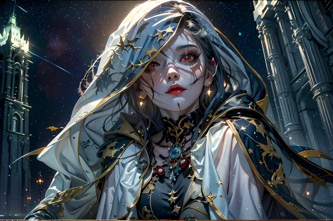 a picture of an exquisite beautiful female vampire standing under the starry night sky on the porch of her castle, dynamic angle...