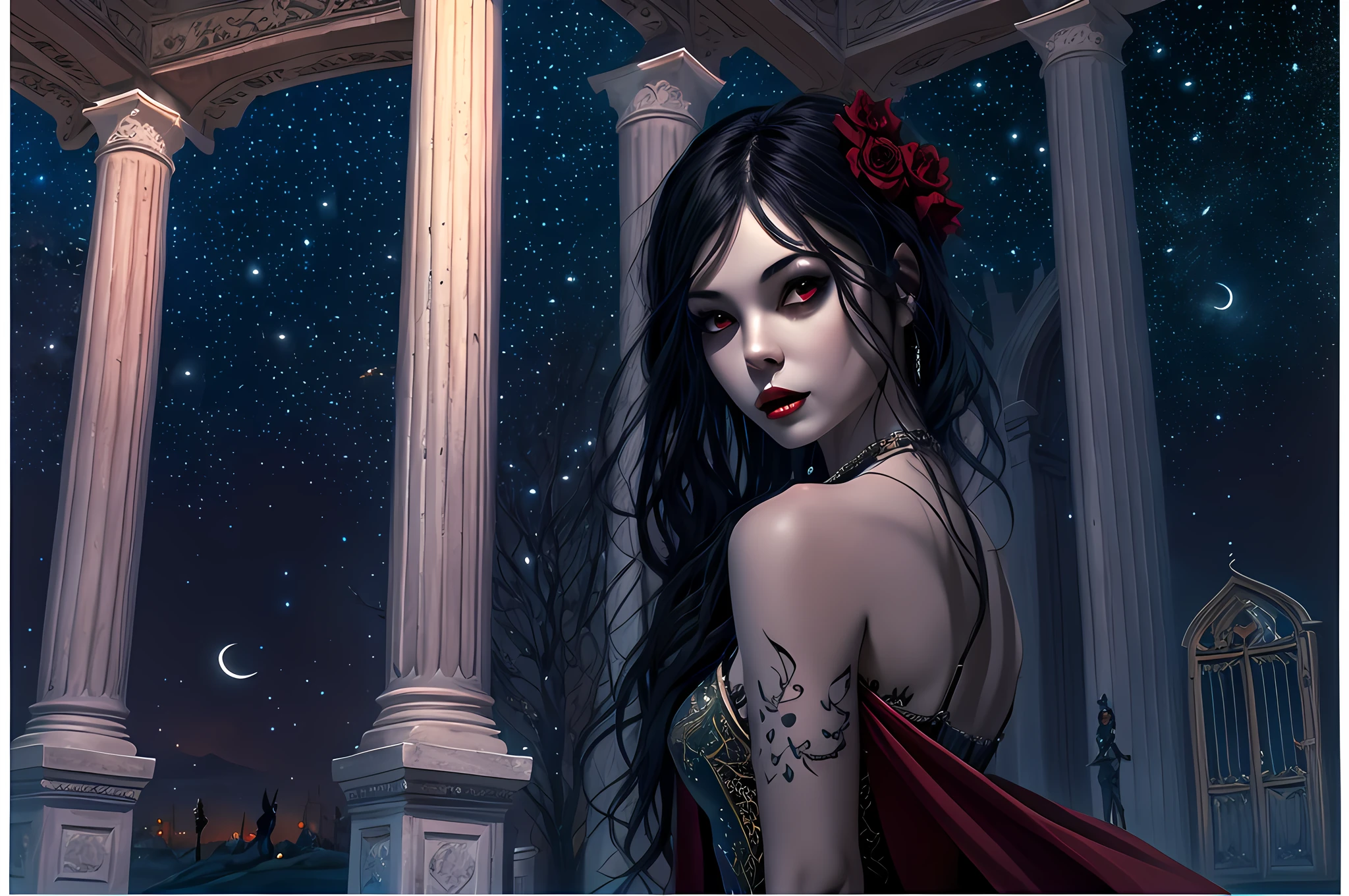 a picture of an exquisite beautiful female vampire standing under the starry night sky on the porch of her castle, dynamic angle (ultra detailed, Masterpiece, best quality), ultra detailed face (ultra detailed, Masterpiece, best quality), ultra feminine, (black skin: 1.3), black hair, wavy hair, dynamic eyes color, cold eyes, glowing eyes, intense eyes, dark red lips, [fangs], wearing white dress (ultra detailed, Masterpiece, best quality), wearing blue cloak (ultra detailed, Masterpiece, best quality), long cloak, flowing cloak (ultra detailed, Masterpiece, best quality), wearing high heeled boots, sky full of stars background, moon, bats flying about, high details, best quality, 8k, [ultra detailed], masterpiece, best quality, (ultra detailed), full body, ultra wide shot, photorealism, dark fantasy art, dark fantasy art, gothic art, many stars, dark fantasy art, gothic art, sense of dread,