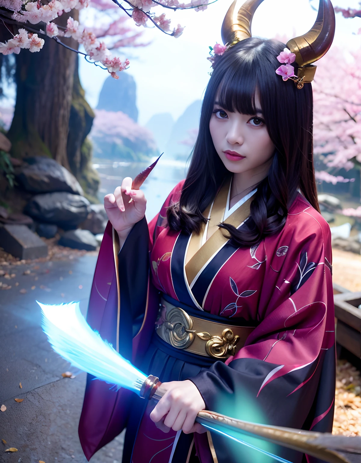 ((World of Darkness)),Professional , ​masterpiece、top-quality、photos realistic , depth of fields 、（Maiko's hairstyle）、(Background of cherry blossoms in full bloom),（Ultimate Beauty）、Red-haired、（Fight ninjas)、（Kimono with beautiful pattern）、（Night background）、（（a dark night））,(Wear a beautiful kimono),（Wear a beautiful kimono with colorful floral patterns）、Jewel Gold Weapon、Particles of light),（Has a devil's mask）、Gorgeous gold weapons ,（（ Gorgeous Dragon Sword）） , （a dark night）,,（maikurobikini） 、（（Black Haired Beautiful Girl））、（Castle background）、（demonic wings）、（（Gangle's forest background））、Beautiful Caucasian beauty、１a person、dynamic ungle,(((Two devil's horns on the head)))、Smaller head、Idle Smile、Thin and beautiful female hands、Mystical expression、Light Effects、intense fighting、Wind-effect、magic circles、With the legendary magic wand、Dragon's tail、Anatomically correct body、