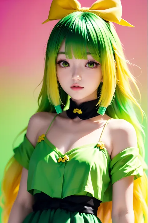 (banchan anime 1girl : 1.0), green eyes, (green hair_0.5), (yellow hair_0.9), (ombre hair_0.4), (banchan hair bow_0.9)
