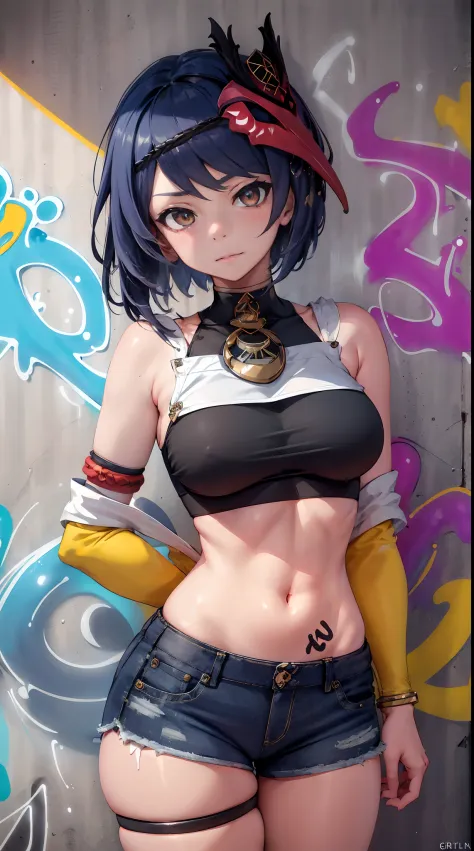 Kujou Sara Genshin Effect, masterpiece, bestquality, 1girls, bara, crop top, shorts jeans, choker, (Graffiti:1.5), Splash color into letters"Kujou Sara",  arm behind back, against wall, looking at the audience, bracelet, Thigh strap, Paint on the body........