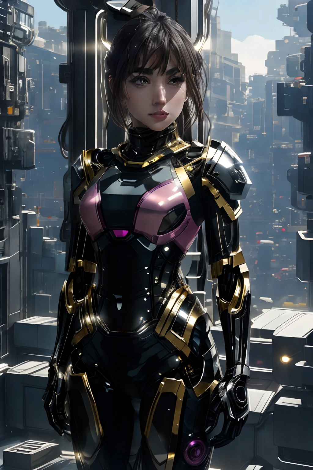 ana de armas, masterpiece, best quality, 1girl, solo, perfect face, looking at viewer, skin tight transparent vinyl, short bob silver hair, gray eyes, pale skin, shanyaogaoda, mecha, pink armor with white part, armor, helmet, lineart, dimly lit, low key, sharp focus, octane, backlighting, machinery, backlighting, shiny clothes, mechanical legs, thrusters, flying, hair ornament, high heels, shiny, artist name, standing, thighs, pink eyes, teeth, looking down, armored boots, cyborg, (big mechanical background:1.2), bare shoulders, lips, machine, The view from the bottom up, cosplay, RAW photo, delicate, best quality, (intricate details:1.3), hyper detail, finely detailed, colorful, 8k uhd, film grain, (studio lighting:1.2), (Fujifilm XT3), (photorealistic:1.3), (detailed skin:1.2)ultra high res, outside in the park with lake, best quality, photo, 4k, (photorealistic:1.4)