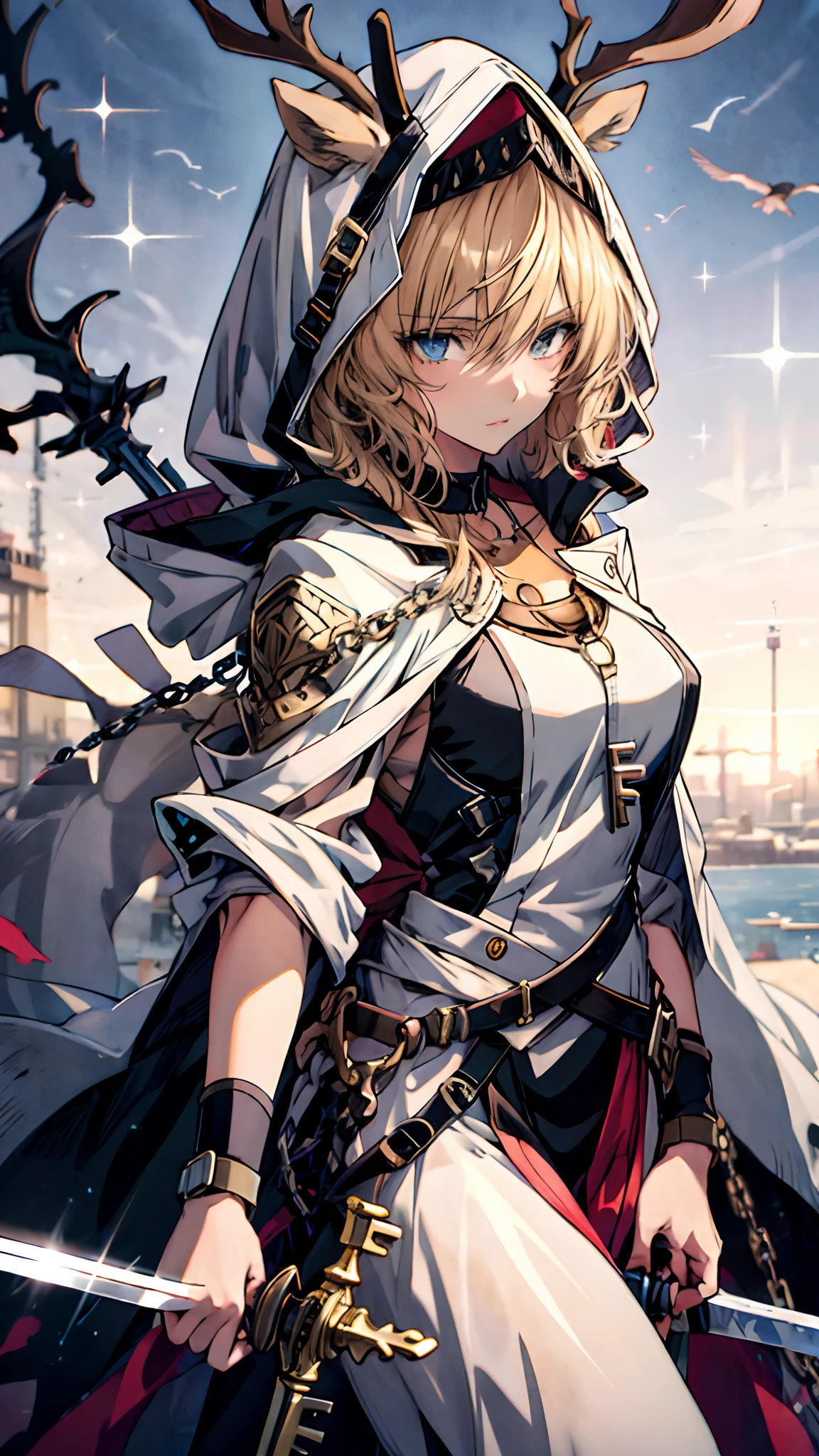 A woman with a sword and a chain around her neck, Detailed key anime art, beautiful sword, holding a sword on her shoulder, Key anime art, detailed anime character art, highly detailed exquisite fanart, she is holding a sword, detailed anime art, anime key visual of elegant, clean and meticulous anime art, Detailed anime artwork, high detailed official artwork, Beautiful anime art