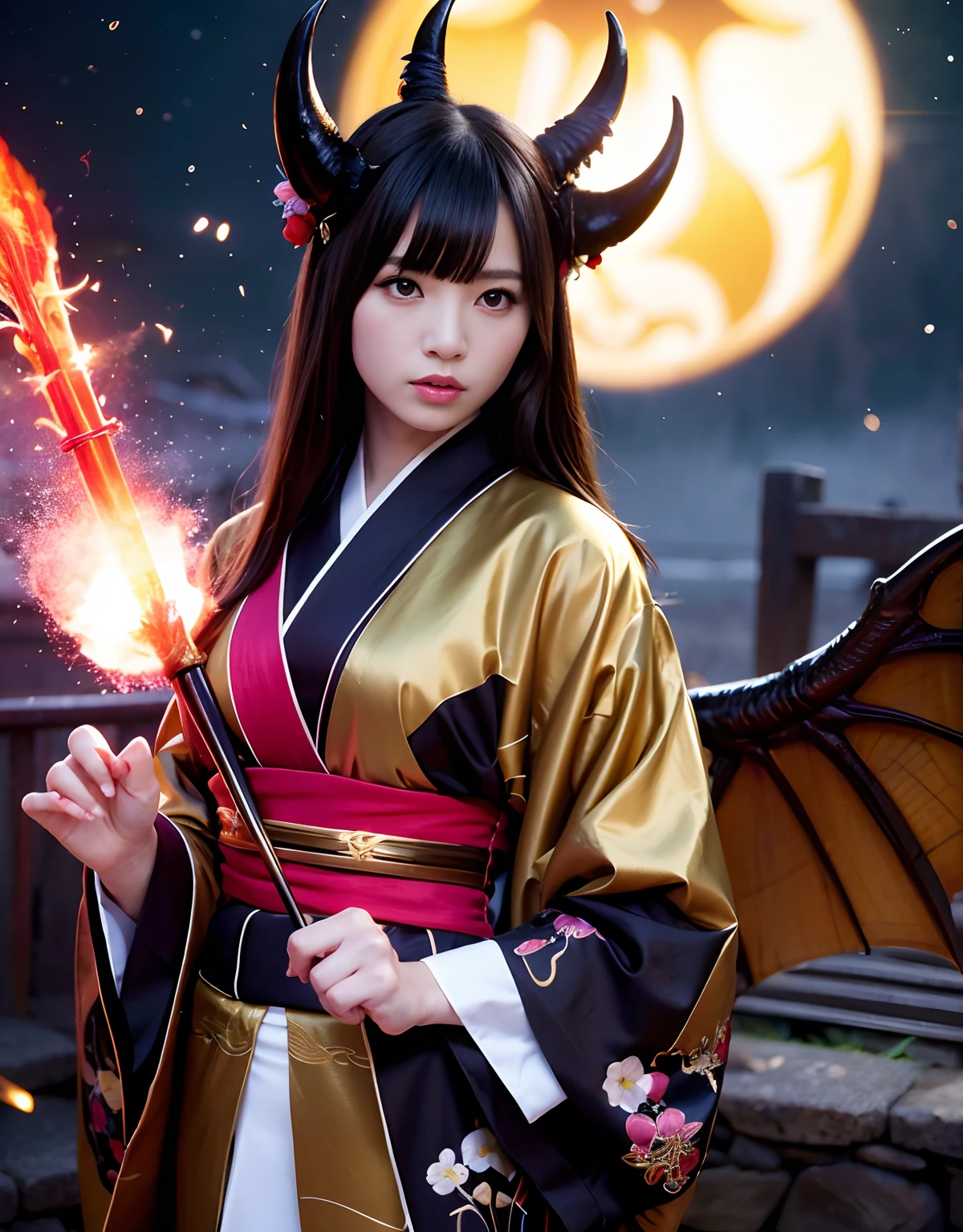 ((World of Darkness)),Professional , ​masterpiece、top-quality、photos realistic , depth of fields 、（Maiko's hairstyle）、(Background of cherry blossoms in full bloom),（Ultimate Beauty）、Red-haired、（Fight ninjas)、（Kimono with beautiful pattern）、（Night background）、（（a dark night））,(Wear a beautiful kimono),（Wear a beautiful kimono with colorful floral patterns）、Jewel Gold Weapon、Particles of light),（Has a devil's mask）、Gorgeous gold weapons ,（（ Gorgeous Dragon Sword）） , （a dark night）,,（maikurobikini） 、（（Black Haired Beautiful Girl））、（Castle background）、（demonic wings）、（（Gangle's forest background））、Beautiful Caucasian beauty、１a person、dynamic ungle,(((Two devil's horns on the head)))、Smaller head、Idle Smile、Thin and beautiful female hands、Mystical expression、Light Effects、intense fighting、Wind-effect、magic circles、With the legendary magic wand、Dragon's tail、Anatomically correct body、