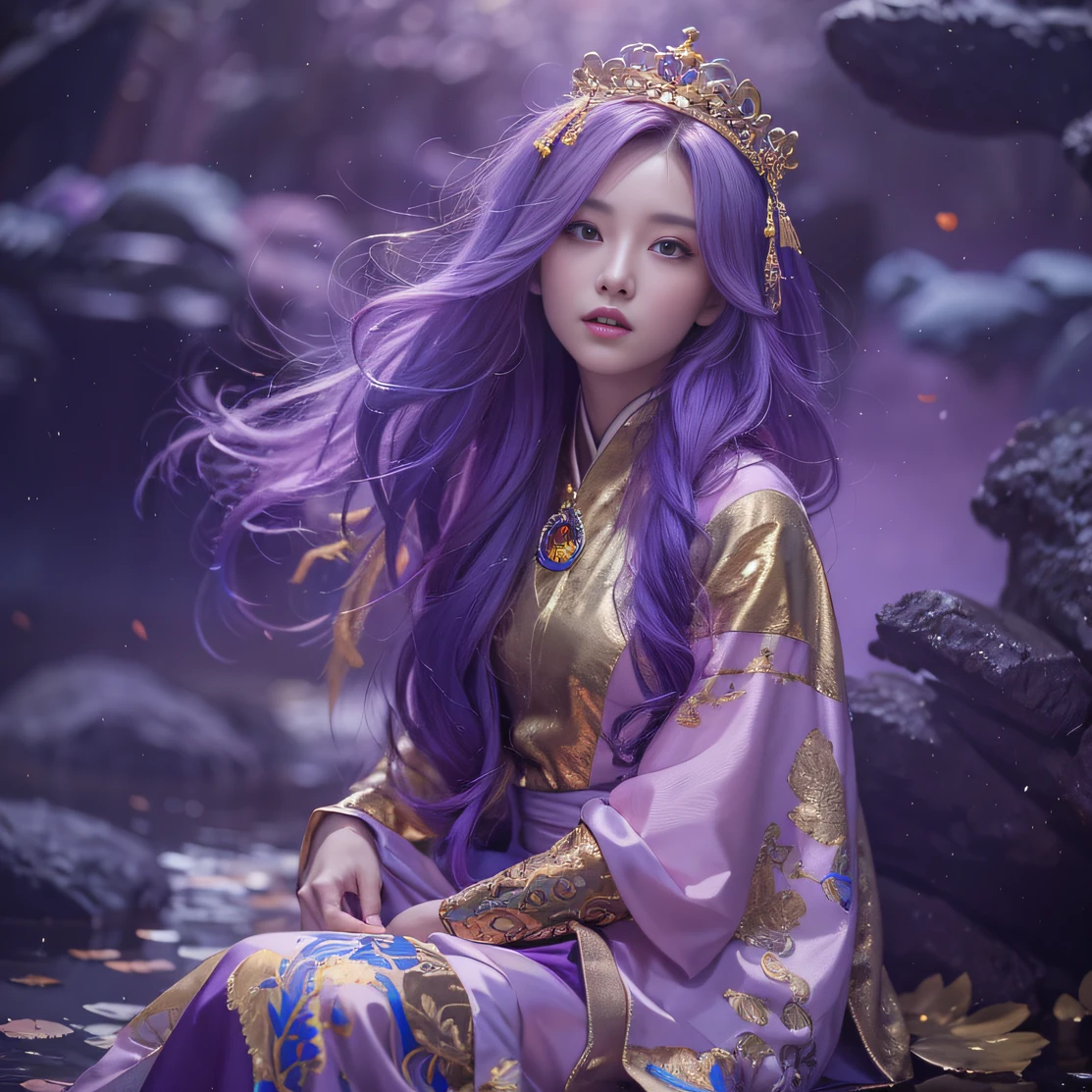 Genki Girl 32K（tmasterpiece，k hd，hyper HD，32K）Long flowing bright purple hair，Autumn Pond，zydink， a color， Proud of the mainland （The astronaut）， （Black and gold scarf）， Combat posture， looking at the ground， long whitr hair， Floating bright purple， Fire cloud pattern gold tiara， Chinese long-sleeved gold silk garment， （Abstract metaverse splash：1.2）， white backgrounid，Lotus vitality protector（realisticlying：1.4），Bright purple hair，Smoke on the road，The background is pure， A high resolution， the detail， RAW photogr， Sharp Re， Nikon D850 Film Stock Photo by Jefferies Lee 4 Kodak Portra 400 Camera F1.6 shots, Rich colors, ultra-realistic vivid textures, Dramatic lighting, Unreal Engine Art Station Trend, cinestir 800，A girl with long flowing bright purple hair