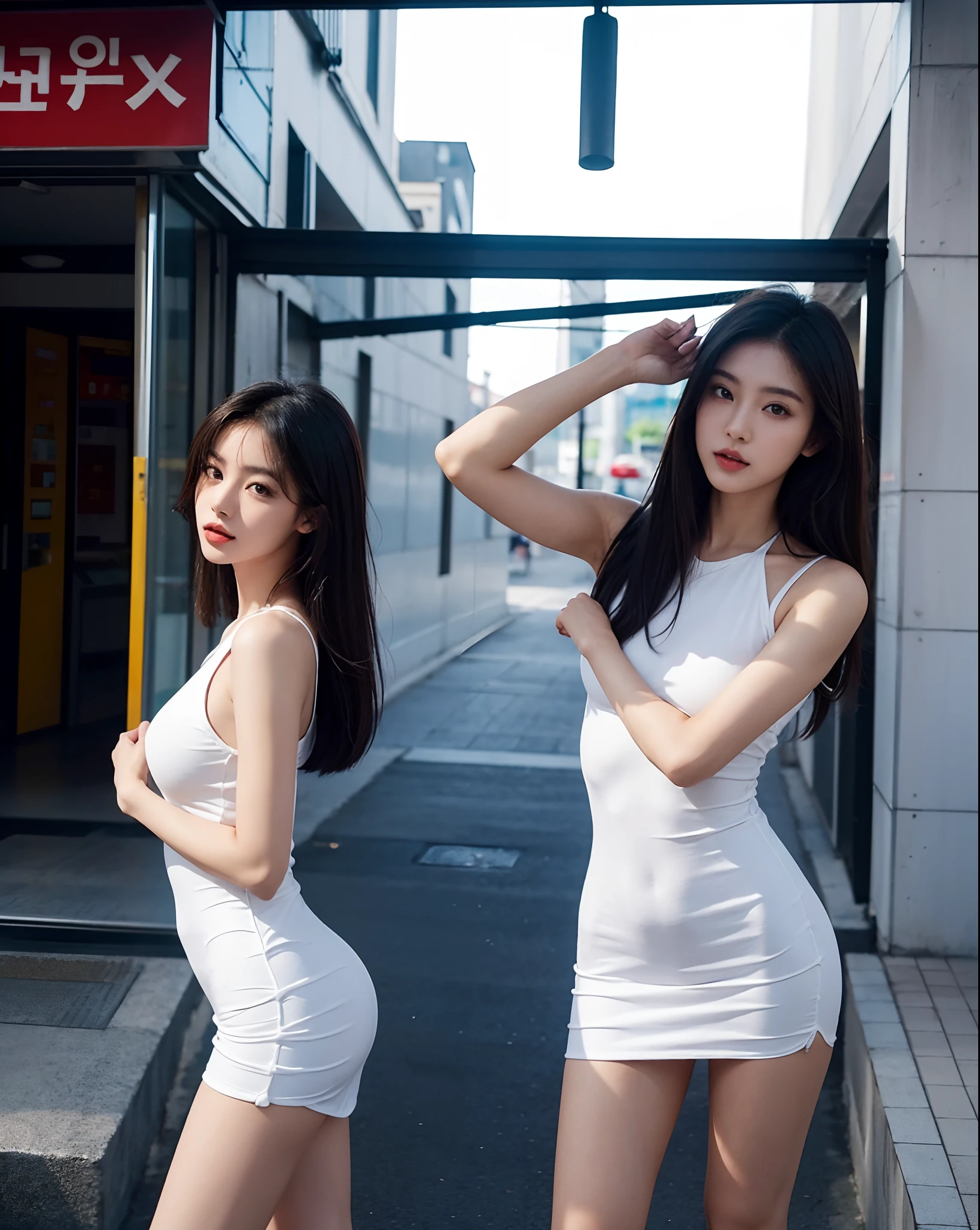 Two asian women in white dresses posing for a picture - SeaArt AI