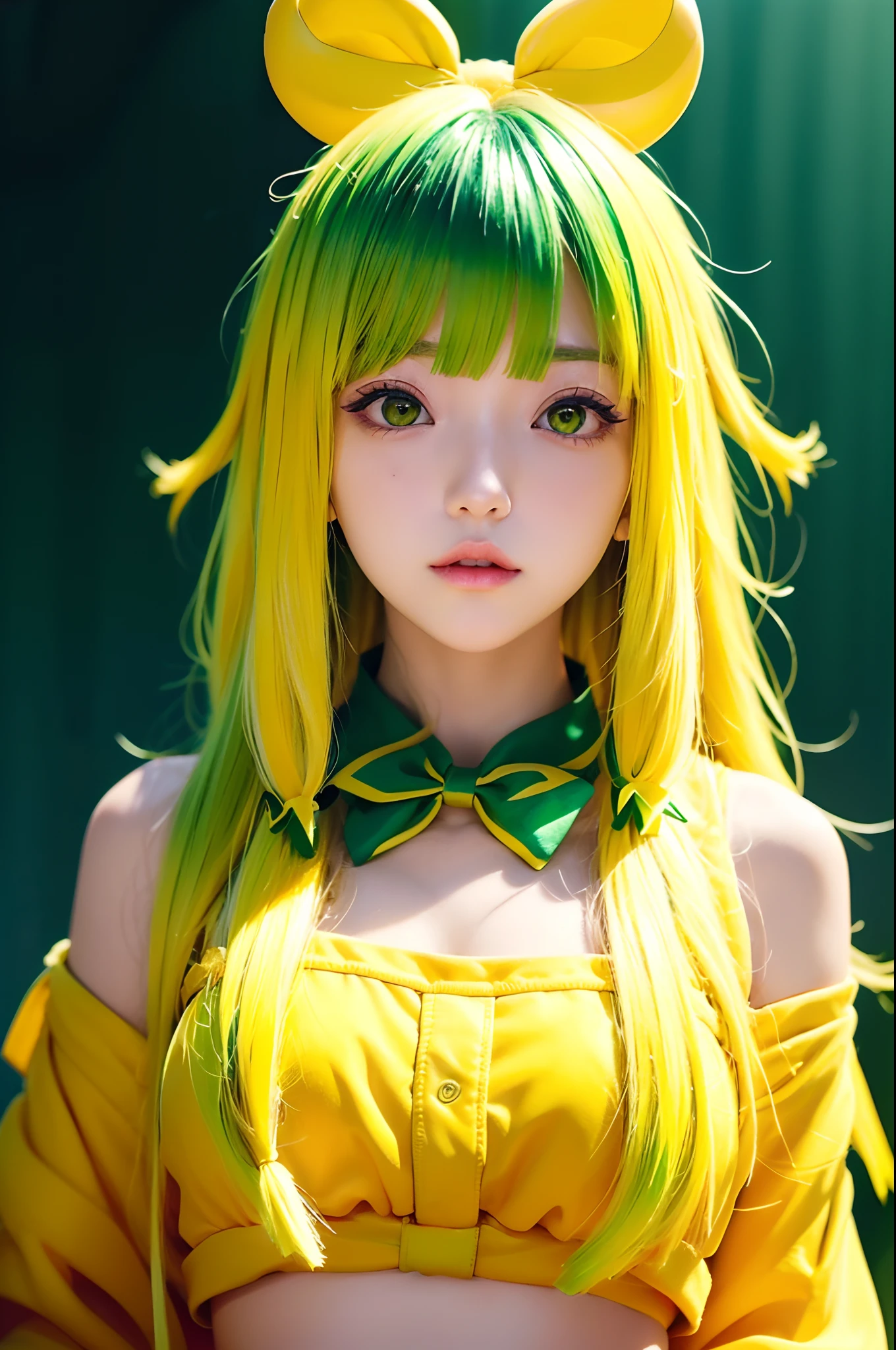 (banchan 1girl: 1.0), green eyes, (green hair_0.5), (yellow hair_0.9), (ombre hair_0.4), (yellow banana shaped hair bow of banchan_0.9), anime