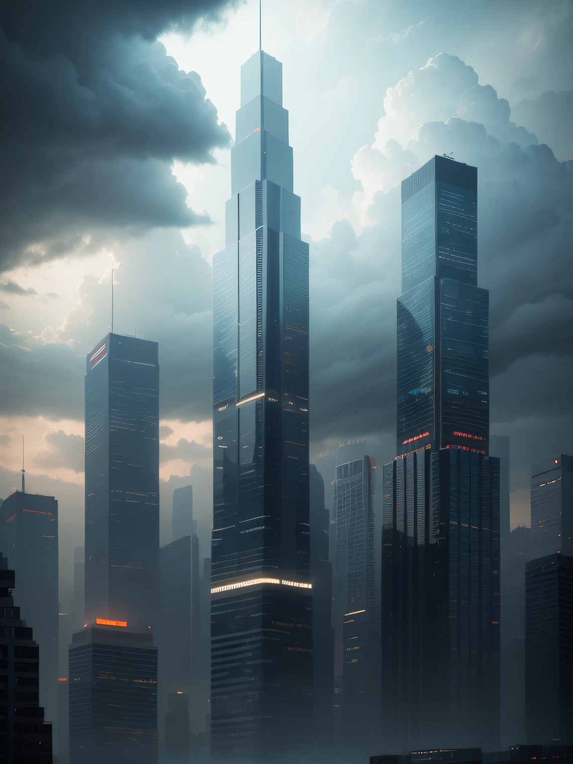 A stormy sky over a cityscape with tall buildings, Tilting, Negative Space, separation light, high key masterpiece, realistic, award winning, volumetric light and fog, neon palette, subsurface scattering, caustics, bloom, perfect exposure, perfect composition, rule of thirds, 8k, hdr10, cinematic, breathtaking, ray tracing