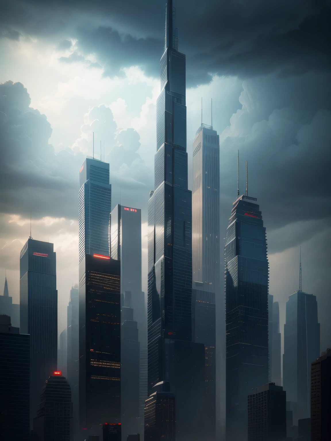 A stormy sky over a cityscape with tall buildings, Tilting, Negative Space, separation light, high key masterpiece, realistic, award winning, volumetric light and fog, neon palette, subsurface scattering, caustics, bloom, perfect exposure, perfect composition, rule of thirds, 8k, hdr10, cinematic, breathtaking, ray tracing