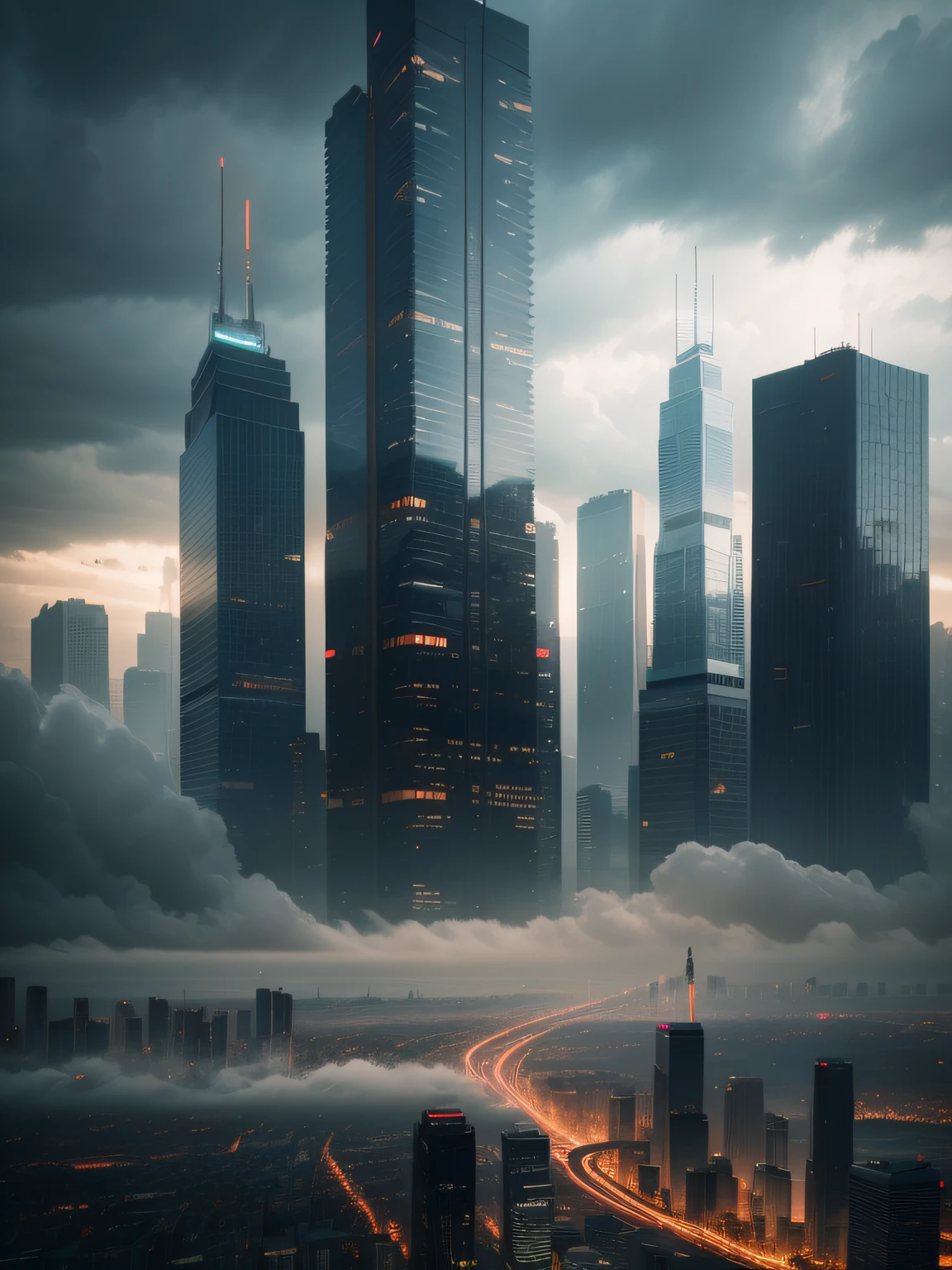 A stormy sky over a cityscape with tall buildings, Tilting, Negative Space, separation light, high key masterpiece, realistic, award winning, volumetric light and fog, neon palette, subsurface scattering, caustics, bloom, perfect exposure, perfect composition, rule of thirds, 8k, hdr10, cinematic, breathtaking, ray tracing