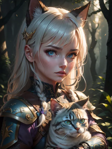 girl holding cat, cat ears, chibi, blue, gold, white, purpple, dragon scaly armor, forest background, fantasy style, (dark shot:...