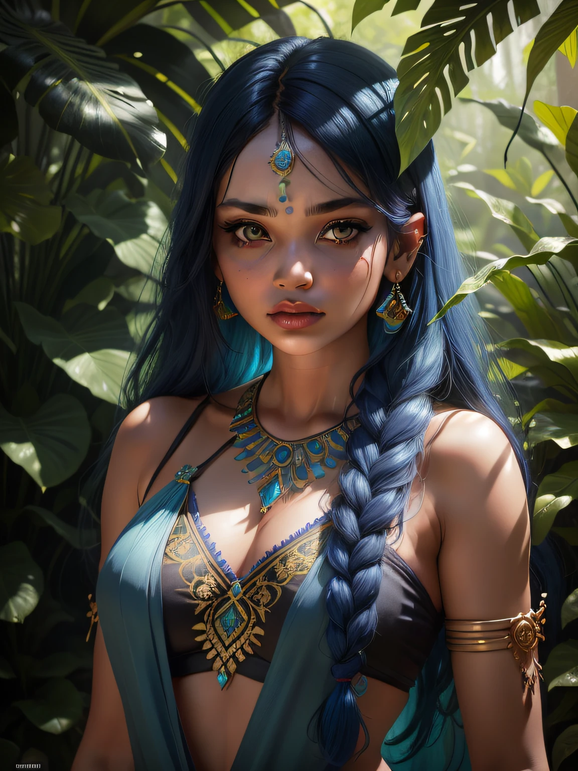 fashion photography portrait of indian girl with blue hair, in lush jungle with flowers, 3d render, cgi, symetrical, octane render, 35mm, bokeh, 9:16, (intricate details:1.12), hdr, (intricate details, hyperdetailed:1.15), (natural skin texture, hyperrealism, soft light, sharp:1.2), detailed, sunlight passing through foliage