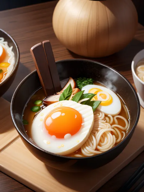 ultra detailed 8k cg, japanese ramen, chopsticks, egg, steam,