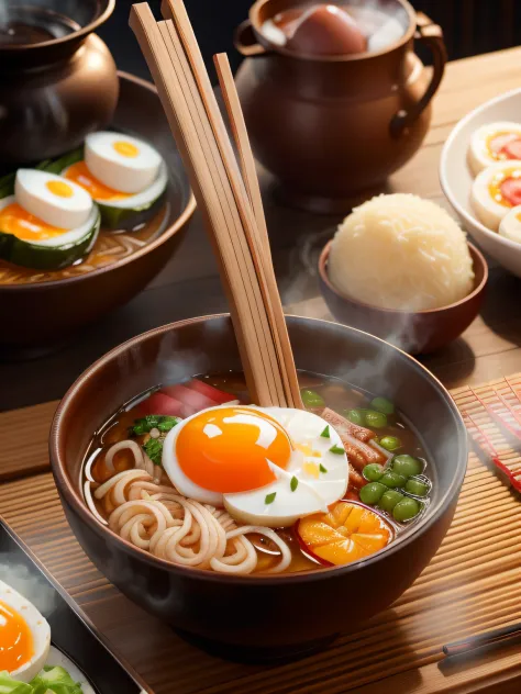 ultra detailed 8k cg, japanese ramen, chopsticks, egg, steam,