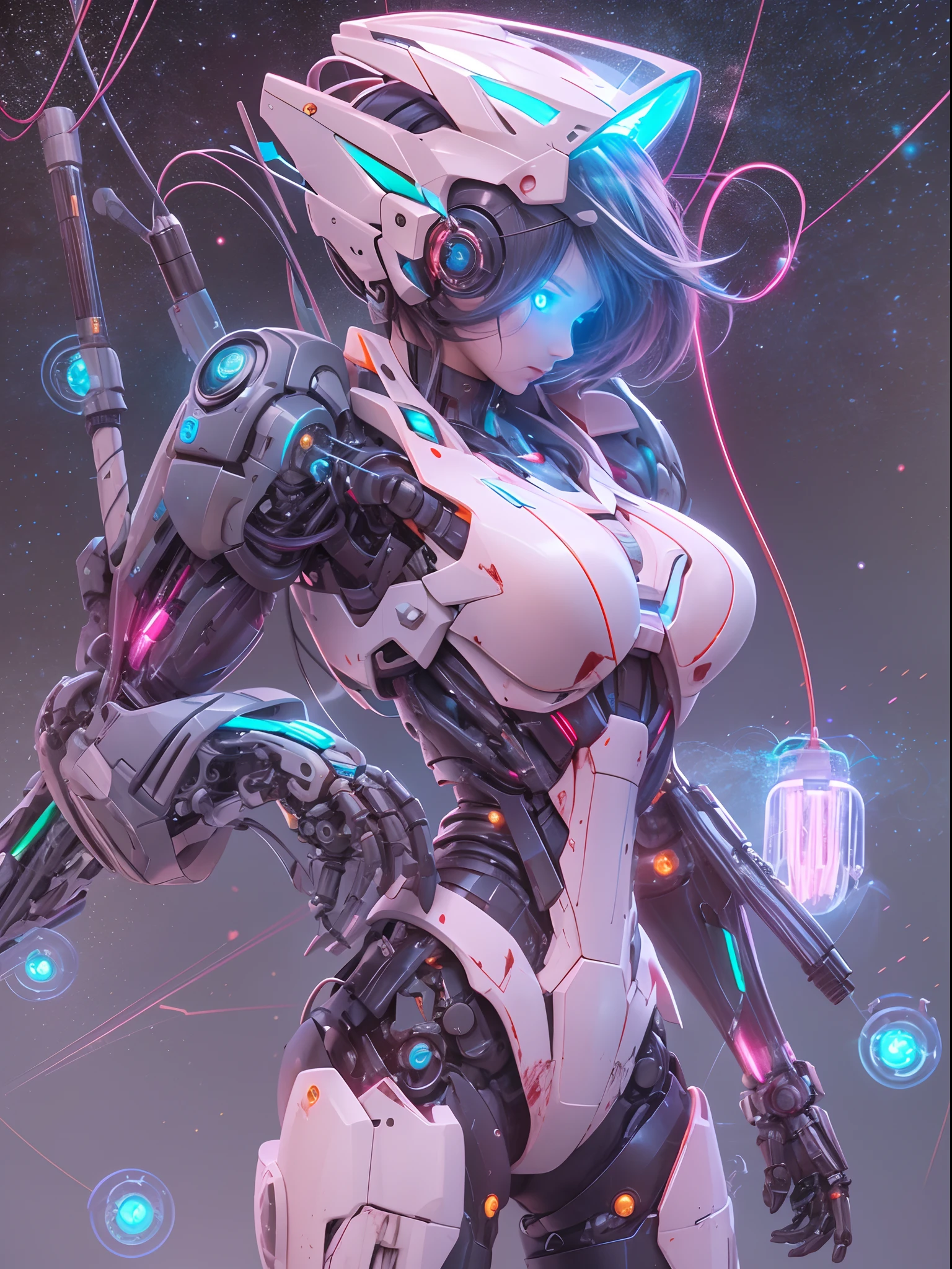 tmasterpiece, high high quality, A high resolution, high textured, 8K, HighDynamicRange, Robot girl in bikini costume, Medium breasts, Pink transparent tights, mechs, Medium cyan hair, By bangs, Blue light sparkling eyes，Mechanical body，Mechanical prosthetics, Mechanical joints，mechanical leg, Blood vessels connected to the tube, Mechanical vertebrae attached to the back, mechanical cervical attachment to the neck, wires and cables connecting to head, Gundam helmet, Small LED lamps，messy  hair, Detailed skins，fine-grained skin, natta，Starry Sky Battlefield