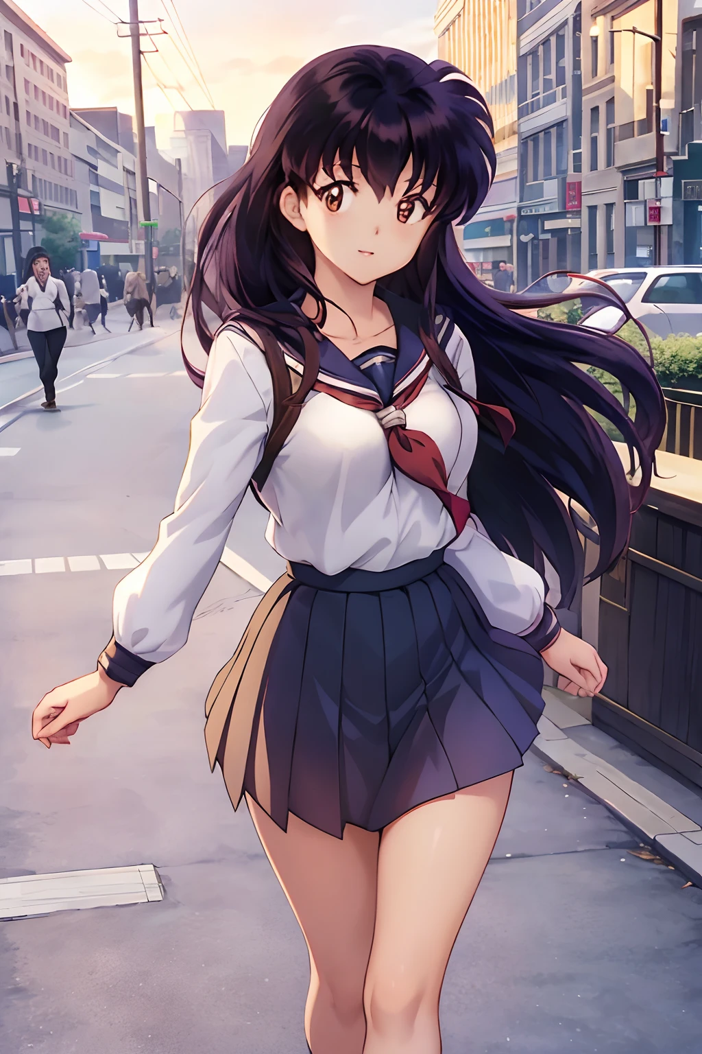 (Best Quality), 1Woman,1girl Kagome Higurashi, brown eyes, full body, photorealistic, (hyperrealistic:1.2), perfect eyes, perfect face, perfect lighting, outdoors, warm colors, city, school uniform, happy, , walking,, smile, thighs thicc