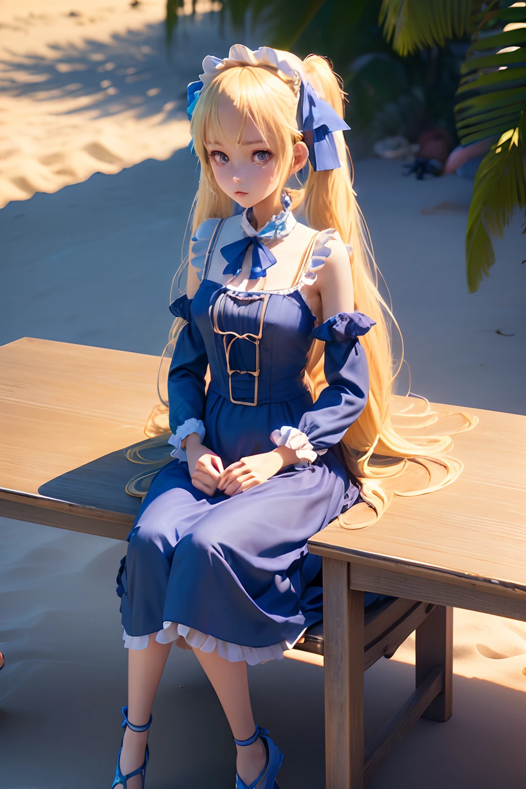 CG Digital Rendering,((Cute 3D Anime Slender Girl Rendering)),((With blue cocktail)),(((shores))),(((One girl with long blonde twin-tails sitting on a beach table with a cane on her cheek))),((Blue color maid clothes)),looking distantly,