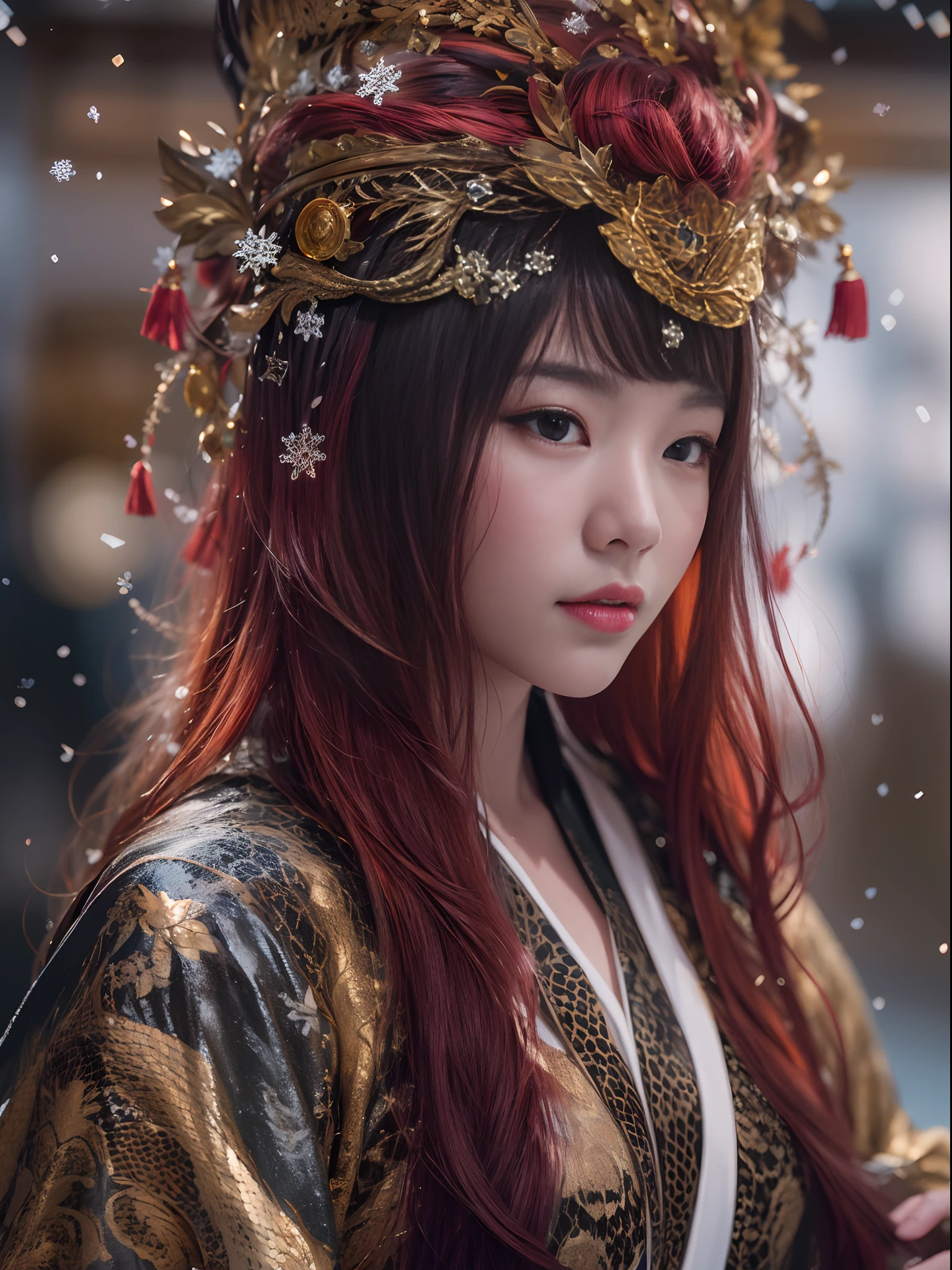 Flame Girl, Yao Lang protector, Chinese girl, flowing hair, burgundy hair, Onsen District, python pattern robe, Black gold master Kawashima work headdress, gradient glass texture, ultra-realistic, (masterpiece, hyper HD, 32K), Snowflakes fluttering, high resolution, detailed, RAW photograph, Nikon D850 Film Stock Photo by Jefferies Lee 4 Kodak Portra 400 Camera F1.6 shots, cinestill 800 film, Rich colors, vivid textures, Dramatic lighting, Unreal Engine, trending on ArtStation
