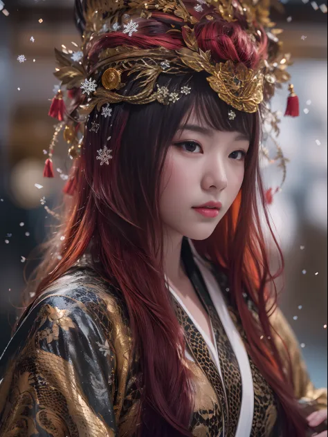 Flame Girl, Yao Lang protector, Chinese girl, flowing hair, burgundy hair, Onsen District, python pattern robe, Black gold maste...