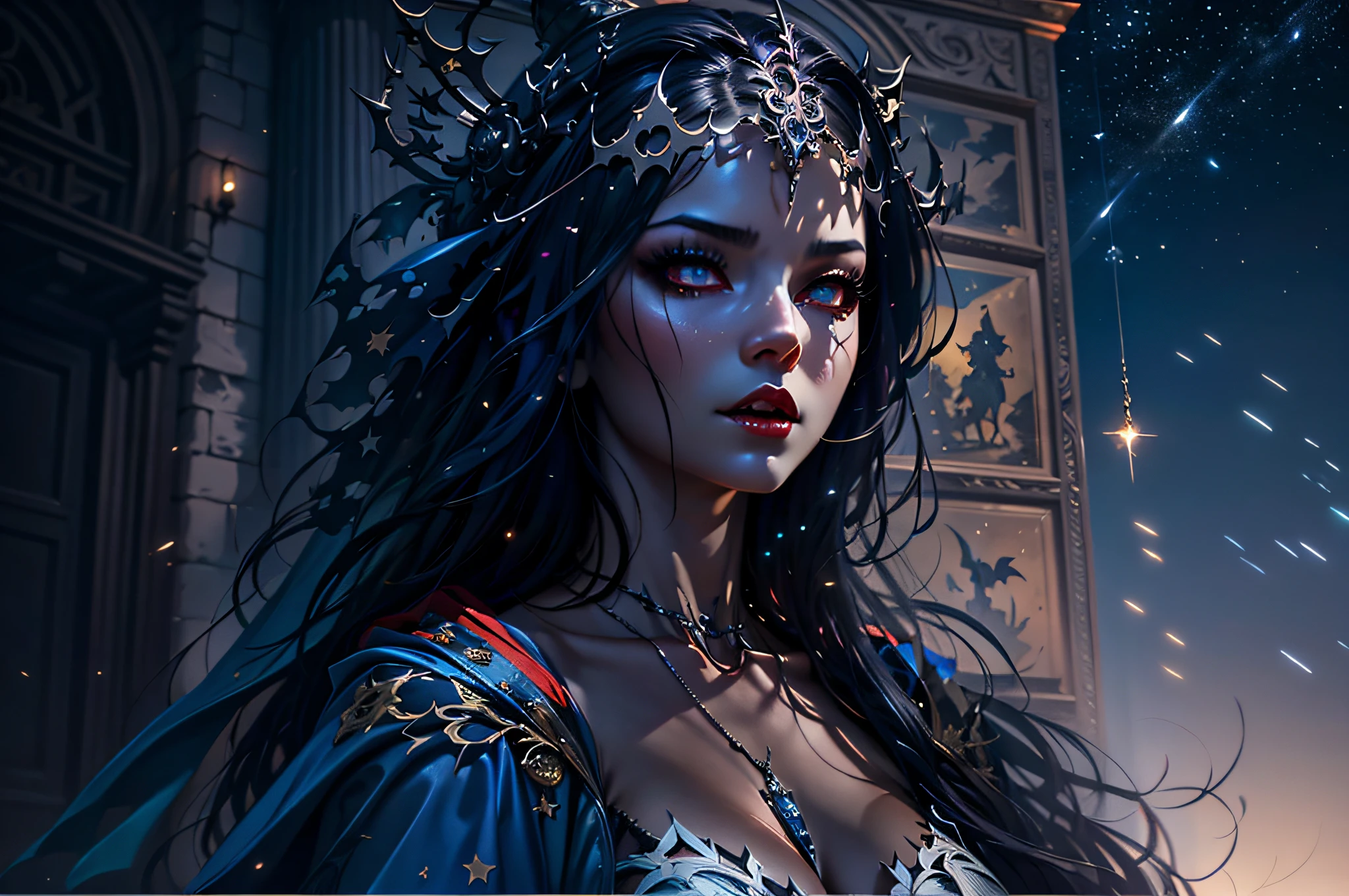 a picture of an exquisite beautiful gothic woman standing under the starry night sky on the porch of her castle, dynamic angle (ultra detailed, Masterpiece, best quality), ultra detailed face (ultra detailed, Masterpiece, best quality), ultra feminine, (black skin: 1.3), black hair, wavy hair, dynamic eyes color, cold eyes, glowing eyes, intense eyes, dark red lips, [fangs: 1.2], wearing white dress (ultra detailed, Masterpiece, best quality), wearing blue cloak (ultra detailed, Masterpiece, best quality), long cloak, flowing cloak (ultra detailed, Masterpiece, best quality), wearing high heeled boots, sky full of stars background, moon, bats flying about, high details, best quality, 8k, [ultra detailed], masterpiece, best quality, (ultra detailed), full body, ultra wide shot, photorealism, dark fantasy art, dark fantasy art, gothic art, many stars, dark fantasy art, gothic art, sense of dread,