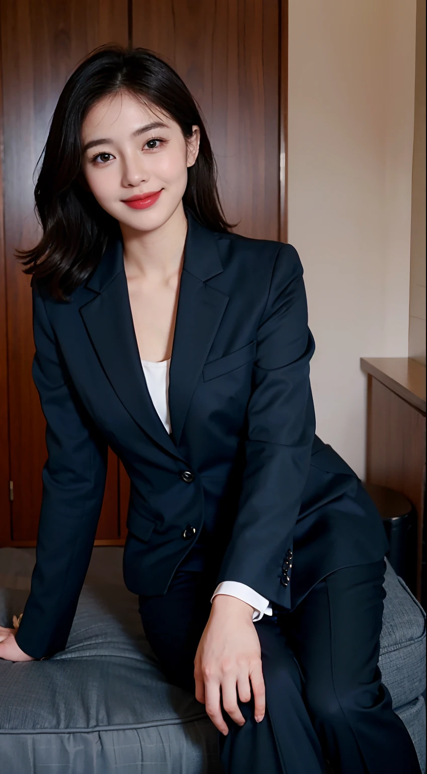 Close-up on the leg，45 degree side，Female, 23 years old，35mm masterpiece，Navy blue suit and mini bag，Gently place your left hand on your chin，Right hand holding chest，Smiling，Blur in the office。