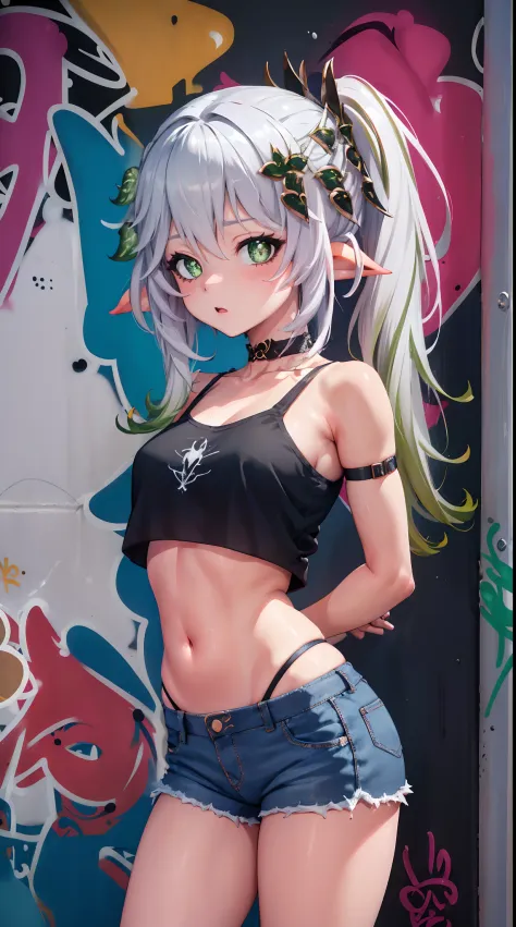 Nahida Genshin effect, masterpiece, bestquality, 1girls, bara, crop top, shorts jeans, choker, (Graffiti:1.5), Splash color into letters"Kujou Sara",  arm behind back, against wall, looking at the audience, bracelet, Thigh strap, Paint on the body............