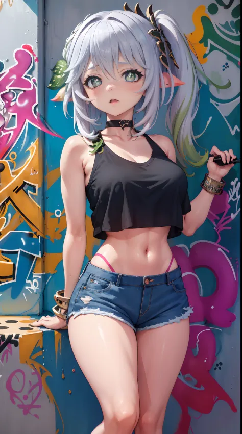 Nahida Genshin effect, masterpiece, bestquality, 1girls, bara, crop top, shorts jeans, choker, (Graffiti:1.5), Splash color into letters"Kujou Sara",  arm behind back, against wall, looking at the audience, bracelet, Thigh strap, Paint on the body............