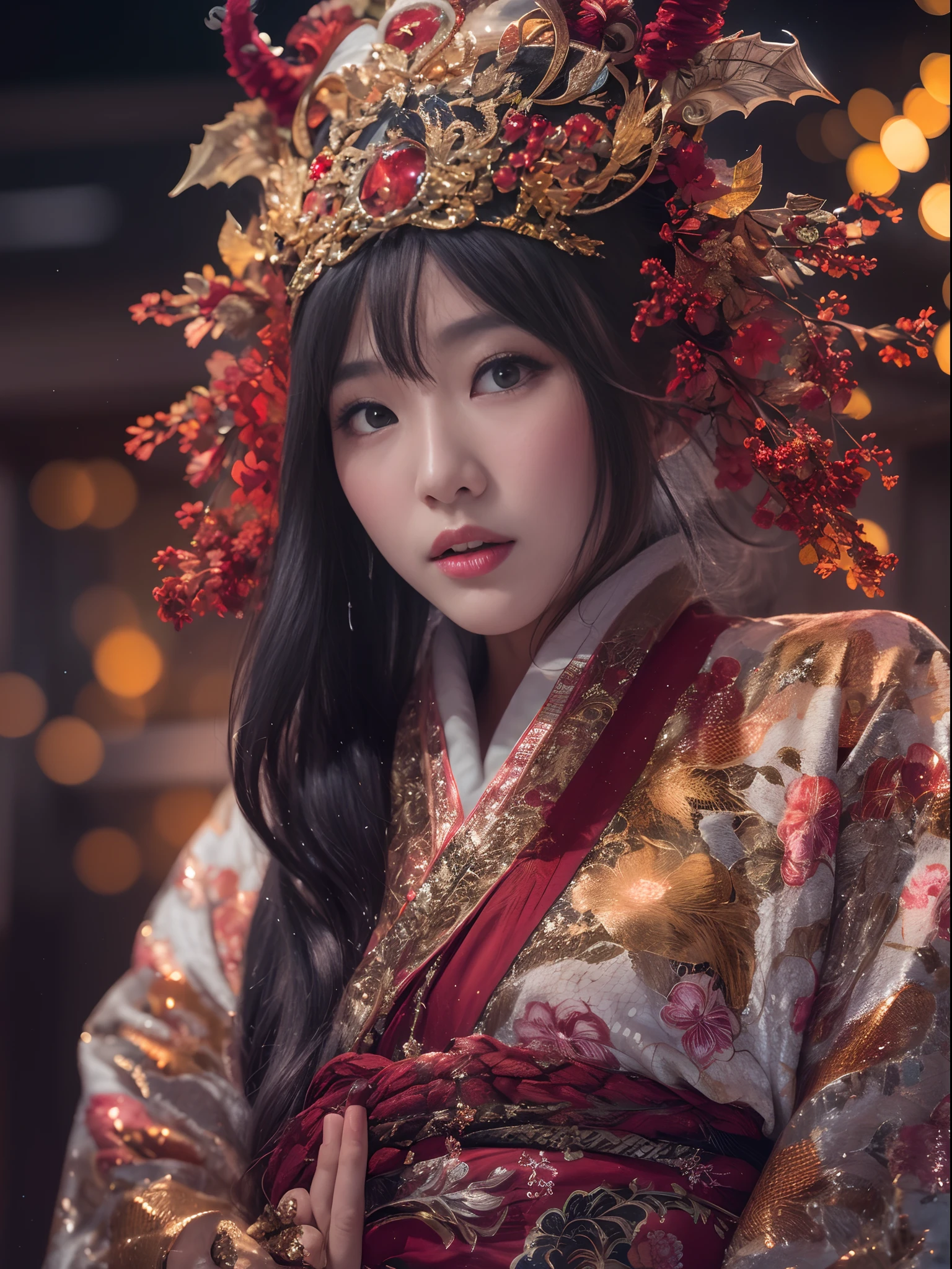 Flame Girl, Yao Lang protector, Chinese girl, flowing hair, burgundy hair, Onsen District, python pattern robe, Black gold master Kawashima work headdress, gradient glass texture, ultra-realistic, (masterpiece, hyper HD, 32K), Snowflakes fluttering, high resolution, detailed, RAW photograph, Nikon D850 Film Stock Photo by Jefferies Lee 4 Kodak Portra 400 Camera F1.6 shots, cinestill 800 film, Rich colors, vivid textures, Dramatic lighting, Unreal Engine, trending on ArtStation