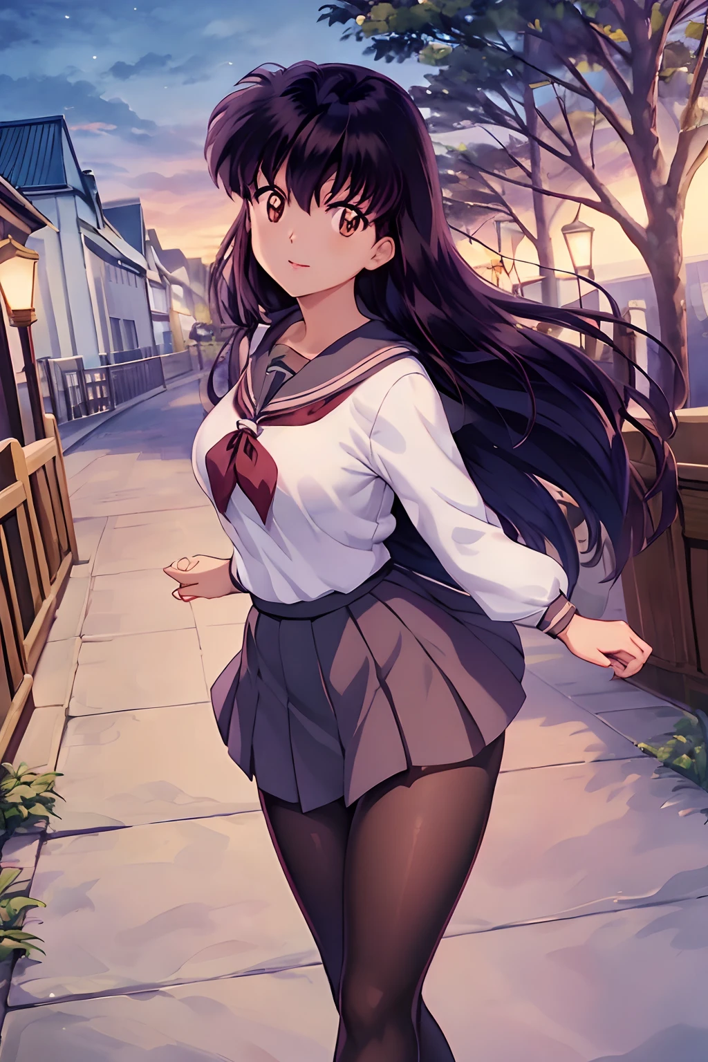 (Best Quality), 1Woman,1Kagome Higurashi Girl, Brown eyes, Full body, Realistic Photos, (hyperrealistic:1.2), perfect eyes, perfect face, perfect illumination, outdoors, warm colors, Town, school uniforms, happy, , walking,, smile, Pantyhose thighs