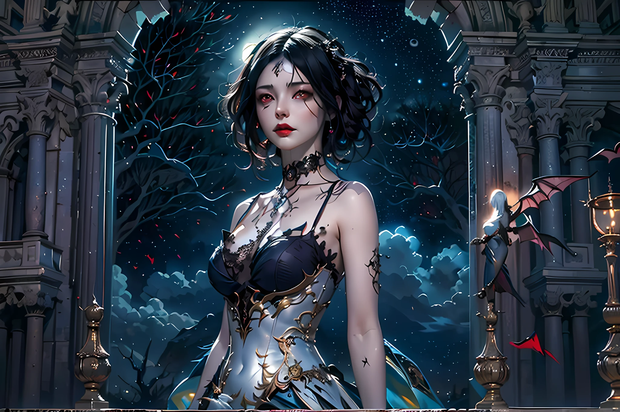 a picture of an exquisite beautiful gothic woman standing under the starry night sky on the porch of her castle, dynamic angle (ultra detailed, Masterpiece, best quality), ultra detailed face (ultra detailed, Masterpiece, best quality), ultra feminine, (black skin: 1.3), black hair, wavy hair, dynamic eyes color, cold eyes, glowing eyes, intense eyes, dark red lips, [fangs: 1.2], wearing white dress (ultra detailed, Masterpiece, best quality), wearing blue cloak (ultra detailed, Masterpiece, best quality), long cloak, flowing cloak (ultra detailed, Masterpiece, best quality), wearing high heeled boots, sky full of stars background, moon, bats flying about, high details, best quality, 8k, [ultra detailed], masterpiece, best quality, (ultra detailed), full body, ultra wide shot, photorealism, dark fantasy art, dark fantasy art, gothic art, many stars, dark fantasy art, gothic art, sense of dread,