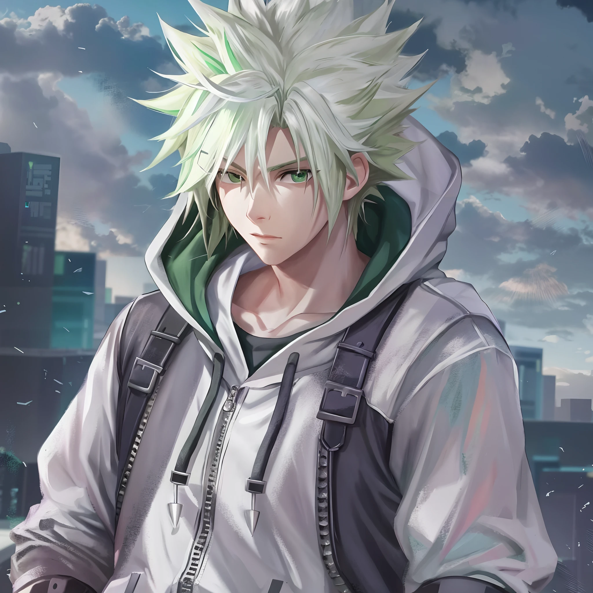 Anime-Serie,weißes Haar,Grün-weißer Kapuzenpullover,Cloud Strife,Spiele,stachelige Haare,menschlich,Männlich,jung,