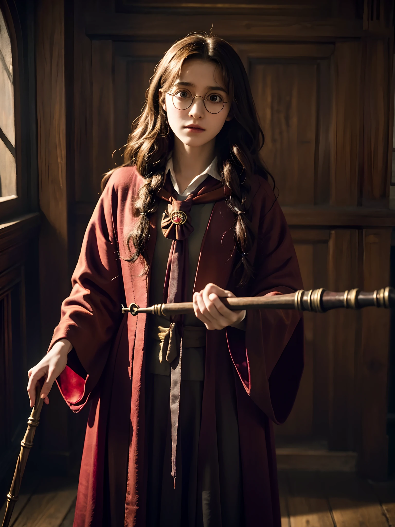 Arafed image of a young girl dressed in a harry potter costume holding a  wand - SeaArt AI