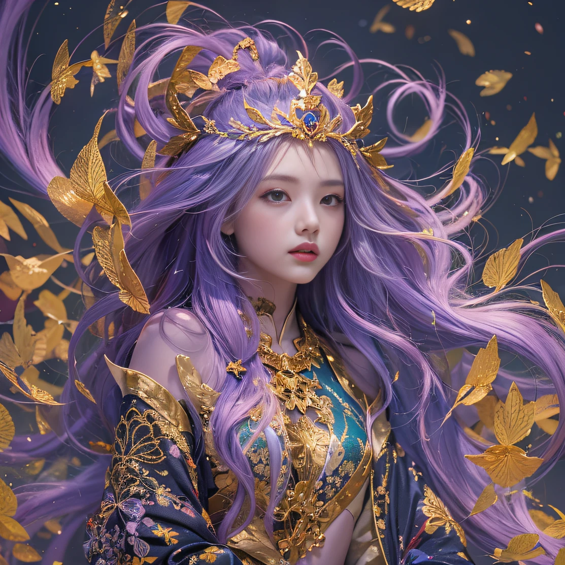 Genki Girl 32K（tmasterpiece，k hd，hyper HD，32K）Long flowing bright purple hair，Autumn Pond，zydink， a color，Silent （The astronaut）， （Black and gold scarf）， Combat posture， looking at the ground， long whitr hair， Floating bright purple， Fire cloud pattern gold tiara， Chinese long-sleeved gold silk garment， （Abstract metaverse splash：1.2）， white backgrounid，Lotus vitality protector（realisticlying：1.4），Bright purple hair，Smoke on the road，The background is pure， A high resolution， the detail， RAW photogr， Sharp Re， Nikon D850 Film Stock Photo by Jefferies Lee 4 Kodak Portra 400 Camera F1.6 shots, Rich colors, ultra-realistic vivid textures, Dramatic lighting, Unreal Engine Art Station Trend, cinestir 800，A girl with long flowing bright purple hair