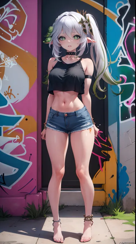Nahida Genshin results, masterpiece, bestquality, 1girls, bara, crop top, shorts jeans, choker, (Graffiti:1.5), Splash color into letters"Kujou Sara",  arm behind back, against wall, looking at the audience, bracelet, Thigh strap, Paint on the body...........