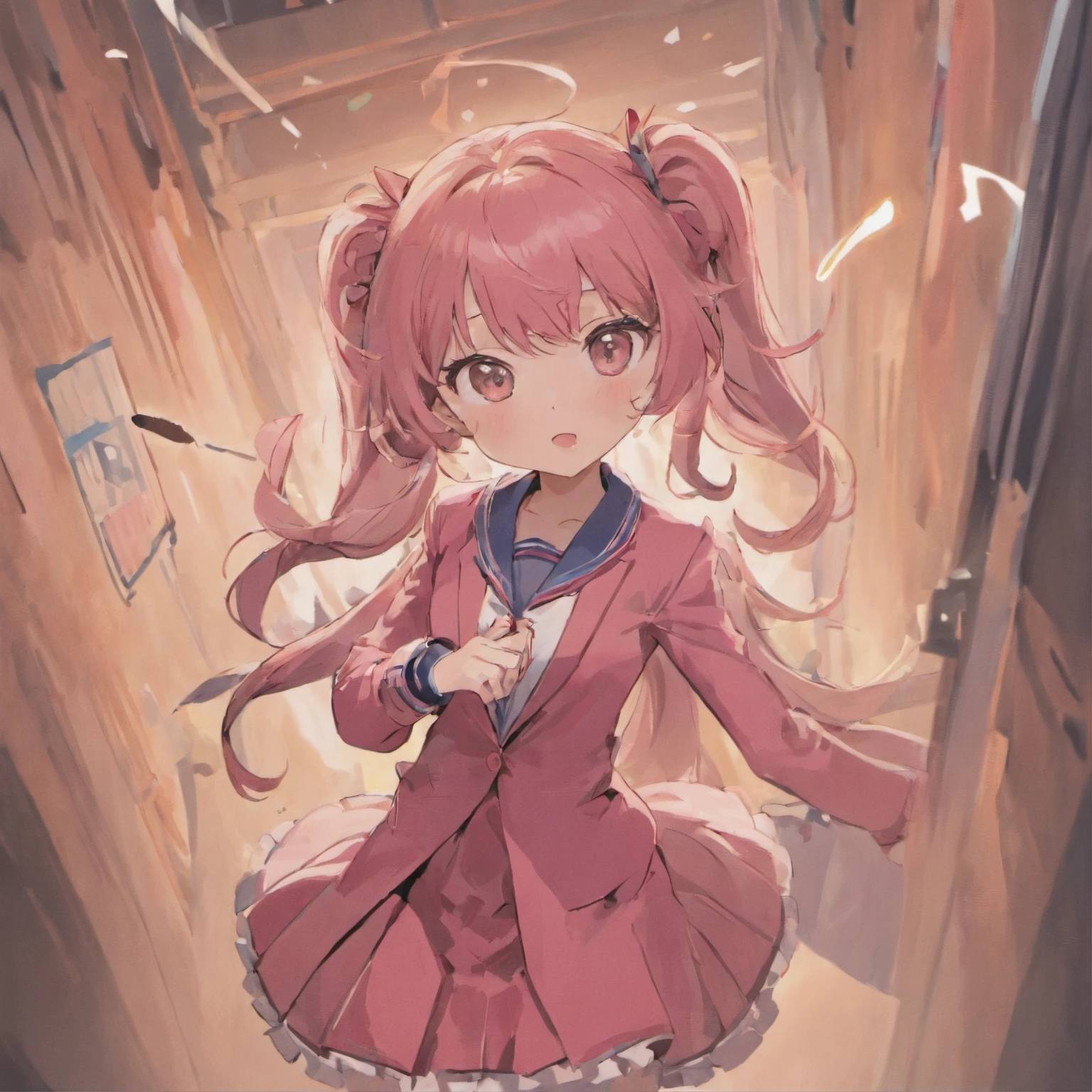 Anime girl in a pink dress and a blue tie - SeaArt AI